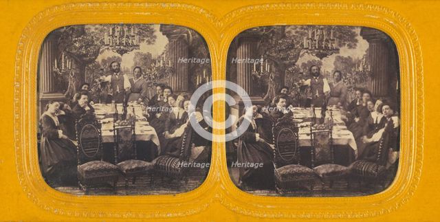 Group of people seated around a dining table, 1860s. Creator: E Lamy.