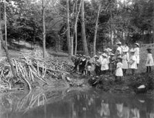 Group of public school children looking at beaver dam in the National Zoo(?), Washington DC, (1899?) Creator: Frances Benjamin Johnston