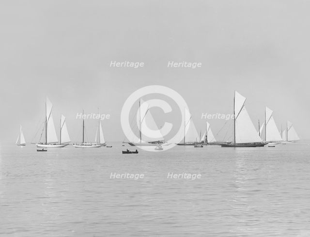 Group of racing yachts before the start of the Cowes to Weymouth Race, 1913. Creator: Kirk & Sons of Cowes.