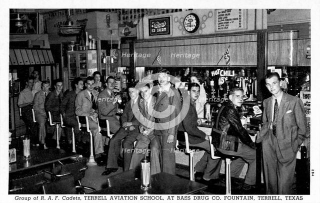 Group of RAF cadets at Bass Drug Co Fountain, Terrell, Texas, USA, 1942. Artist: Unknown