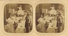 Group of woman following a man, one seated on a litter pouring liquid into a glass, 1855-1860. Creator: Unknown