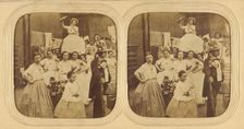 Group of woman following a man, one seated on a litter pouring liquid into a glass, 1855-1860. Creator: Unknown