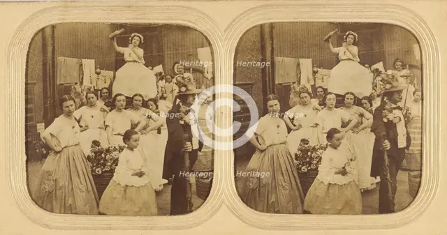 Group of woman following a man, one seated on a litter pouring liquid into a glass, 1855-1860. Creator: Unknown.