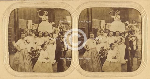 Group of woman following a man, one seated on a litter pouring liquid into a glass, 1855-1860. Creator: Unknown.