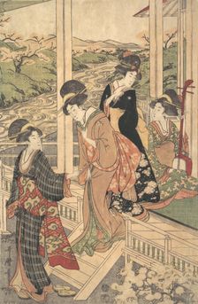 Group of Women on the Engawa of a Country House, in the time of the Cherry Blossoming,..., ca. 1806. Creator: Utamaro II