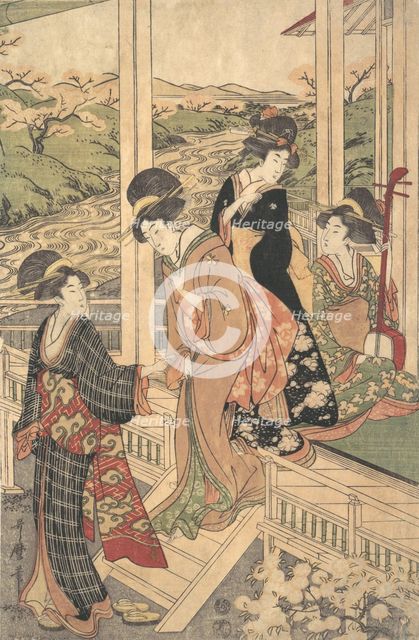 Group of Women on the Engawa of a Country House, in the time of the Cherry Blossoming,..., ca. 1806. Creator: Utamaro II.