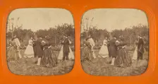 Group of well-dressed couples dancing outside, 1855-1860. Creator: Unknown