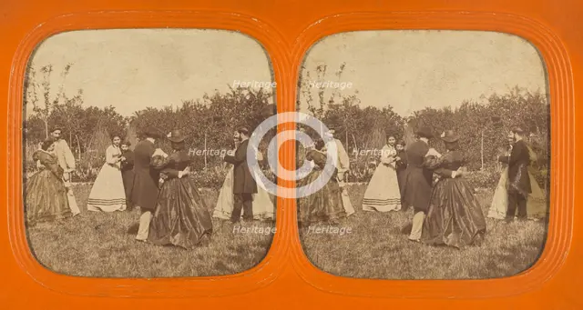 Group of well-dressed couples dancing outside, 1855-1860. Creator: Unknown.