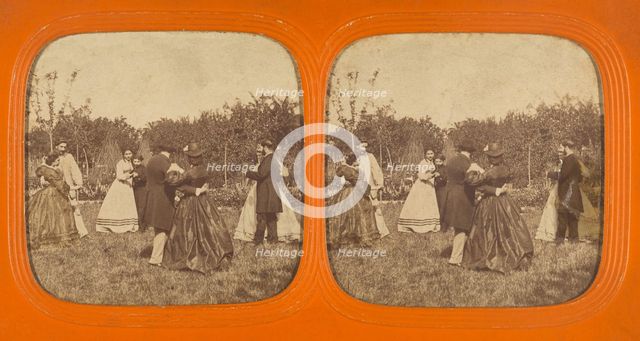 Group of well-dressed couples dancing outside, 1855-1860. Creator: Unknown.