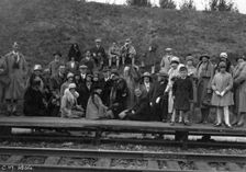Group of tourists on a railway platform, Abisko, northern Sweden, 1929