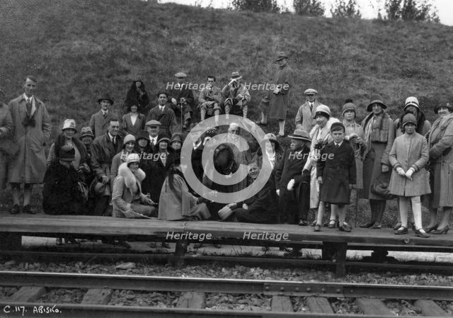 Group of tourists on a railway platform, Abisko, northern Sweden, 1929. Artist: Unknown