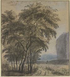 Group of trees, a rock and a man on the right. Creator: Jan Dirksz Both