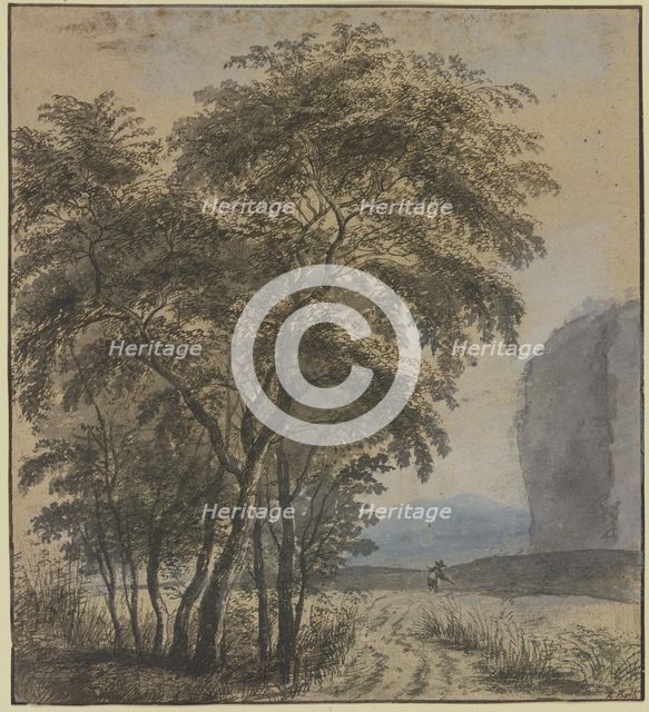 Group of trees, a rock and a man on the right. Creator: Jan Dirksz Both.
