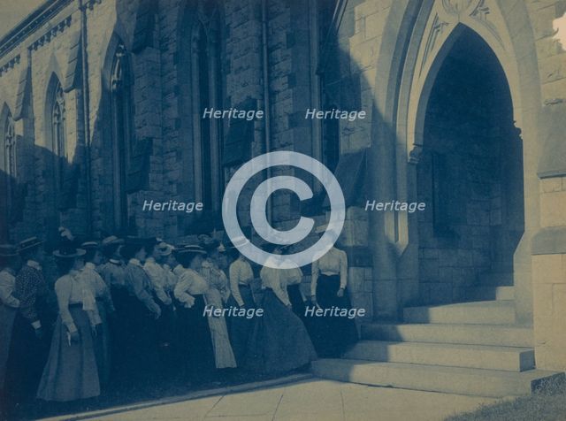 Group of young women at entrance of church, (1899?). Creator: Frances Benjamin Johnston.