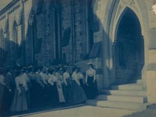 Group of young women at entrance of church, (1899?). Creator: Frances Benjamin Johnston