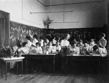 Group of young women studying plants in normal school, Washington, D.C., (1899?). Creator: Frances Benjamin Johnston