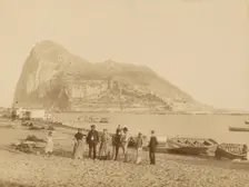Group portrait in front of Rock of Gibraltar, about 1880-1895. Creator: Unknown