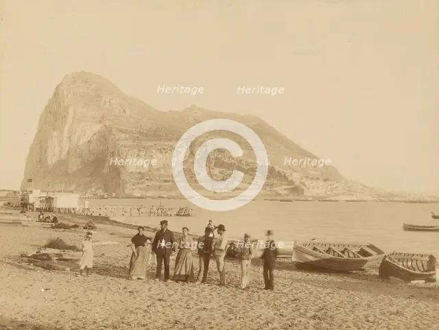 Group portrait in front of Rock of Gibraltar, about 1880-1895. Creator: Unknown.