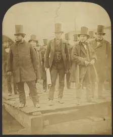 Group portrait: J. Scott Russell, Henry Wakefield, Isambard Kingdom Brunel, Lord Derby, 1857. Creator: Robert Howlett