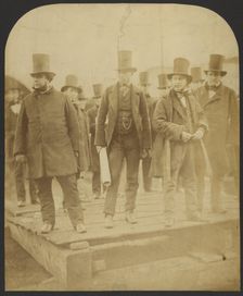 Group portrait: J. Scott Russell, Henry Wakefield, Isambard Kingdom Brunel, Lord Derby, 1857. Creator: Robert Howlett