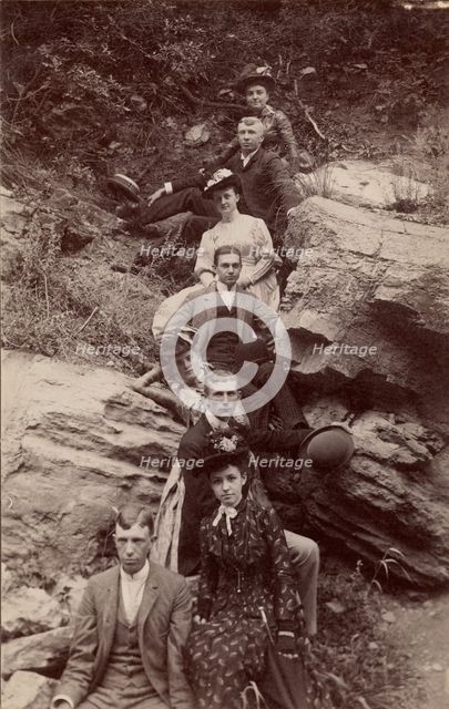Group portrait on hillside, about 1880-1895. Creator: Unknown.