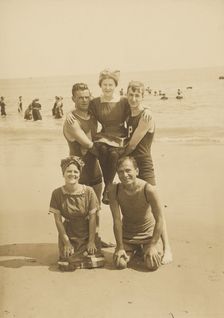 Group portrait on the beach, Block Island, 1912. Creator: Byram Woodhead