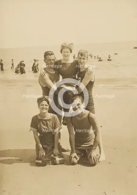 Group portrait on the beach, Block Island, 1912. Creator: Byram Woodhead.
