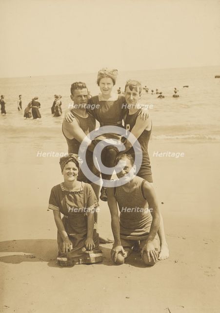 Group portrait on the beach, Block Island, 1912. Creator: Byram Woodhead.