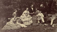 [Group Portrait of Four Women, Two Men and Three Children in a Garden], 1850s-60s. Creator: Franz Antoine