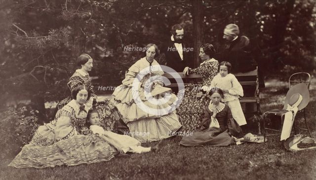[Group Portrait of Four Women, Two Men and Three Children in a Garden], 1850s-60s. Creator: Franz Antoine.