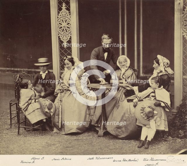 [Group Portrait of Five Adults and Two Children in a Garden], 1850s-60s. Creator: Franz Antoine.