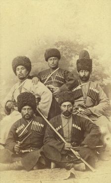 Group portrait of five men, seated, facing front, between 1870 and 1886. Creator: Unknown