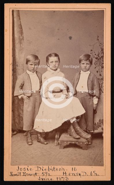 Group Portrait of Herman Henry Diebitsch Children - Emil, Josephine (Josie), and Henry, June 1873. Creator: Ulke Bros.