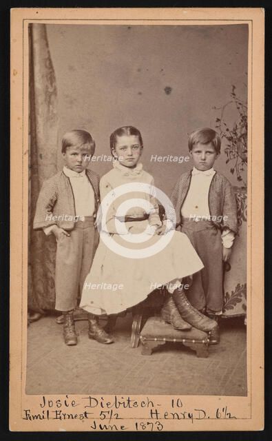 Group Portrait of Herman Henry Diebitsch Children - Emil, Josephine (Josie), and Henry, June 1873. Creator: Ulke Bros.