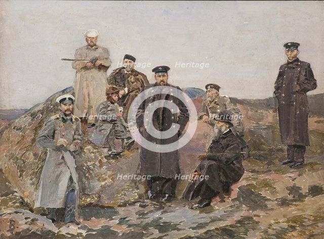 Group portrait of Savva Mamontov, Sergei Witte with the railway engineers.