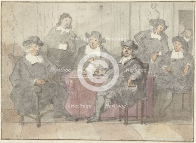Group portrait of six men sitting and standing around a table, 1700-1800. Creator: Anon.