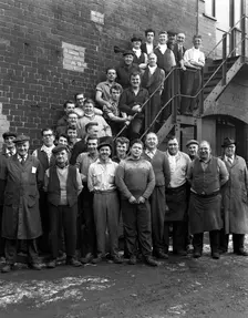 Group portrait of workers, Edgar Allen's steel foundry, Sheffield, South Yorkshire, 1963. Creator: Michael Walters