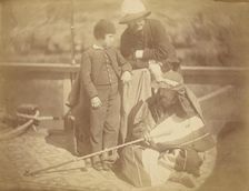 Group Portrait of Two Occidental Men and a Boy on a Boat in the Nile River, 1865. Creator: Théodule Deveria