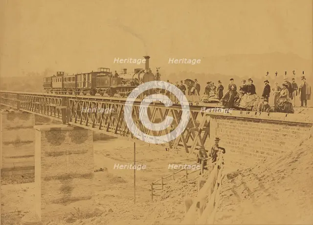 Group portrait with train on bridge, 1865. Creator: Altobelli & Molins.