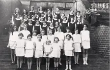 Group photo of girls Greek dancing and gymnastic class, York, Yorkshire, 1929