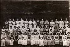 Group photo of women and girl workers at Mackintosh, Halifax, West Yorkshire, 1912