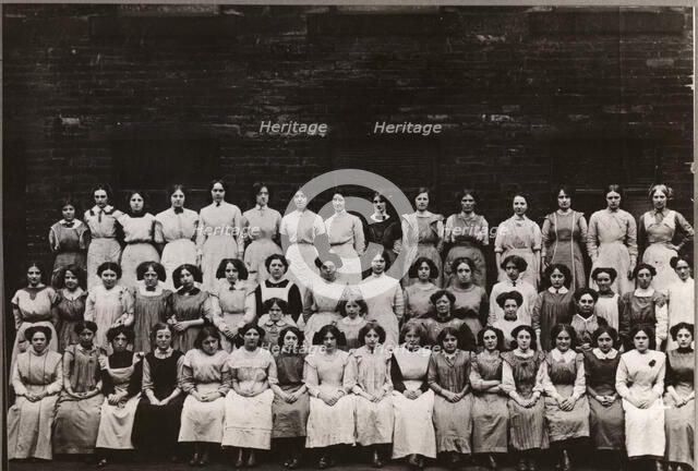 Group photo of women and girl workers at Mackintosh, Halifax, West Yorkshire, 1912. Artist: Unknown