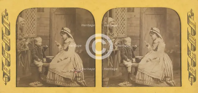 Groupes Petites Scenes: little girl and boy eating on a bench, mother watching from..., 1855-1865. Creator: Cyrus Anatole Pougnet.