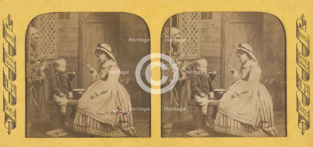 Groupes Petites Scenes: little girl and boy eating on a bench, mother watching from..., 1855-1865. Creator: Cyrus Anatole Pougnet.