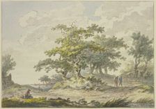 Groups of oak trees, two hikers on the right, a seated figure on the left. Creator: Hermanus van Brussel