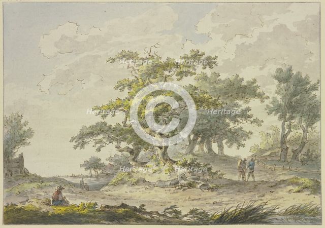Groups of oak trees, two hikers on the right, a seated figure on the left. Creator: Hermanus van Brussel.