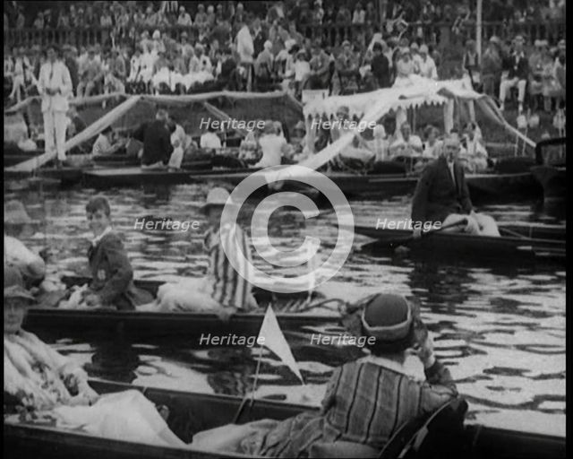 Groups of People Picnicking in Punts at Boulter's Lock, Maidenhead, 1926. Creator: British Pathe Ltd.