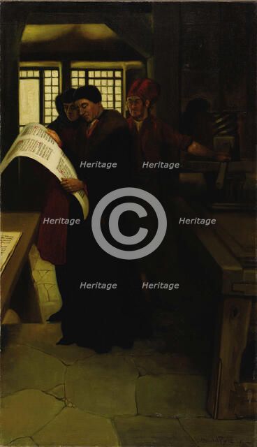 Gutenberg at the Press, 1902. Creator: Pyle, Howard (1853-1911).