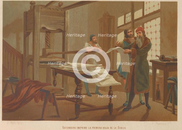 Gutenberg prints the first page of the Bible. From: La ciencia y sus hombres, 1879. Creator: Planella y Rodríguez, Juan (1849-1910).