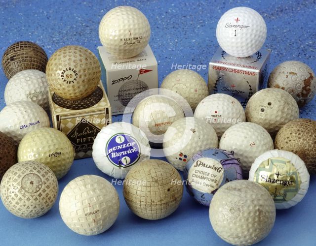 Gutta percha and rubber-core golf balls, c1920. Creators: Spalding, Dunlop Rubber Company, Slazenger.